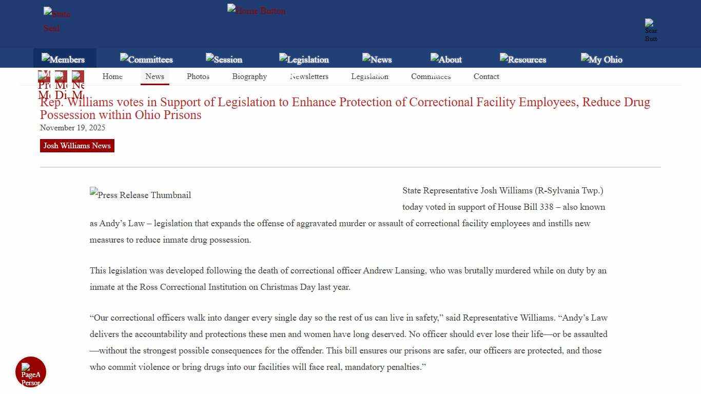 Rep. Williams votes in Support of Legislation to Enhance Protection of Correctional Facility Employees, Reduce Drug Possession within Ohio Prisons Josh Williams Ohio House of Representatives